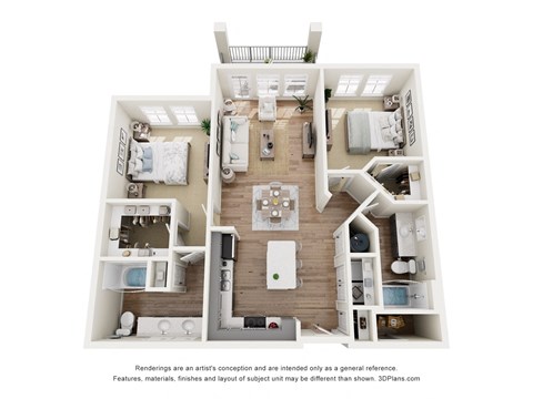 A 3D floor plan of a house with a kitchen, living room, and bedrooms.